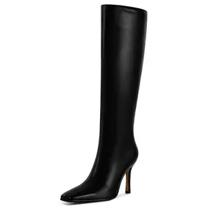 Knee High Boots for Women Square Toe Stiletto Heel Tall Long Boots Gifts Zipper Closure Easy Pull On Wide Calf for Work Casual Dress Shoes Spring Boot