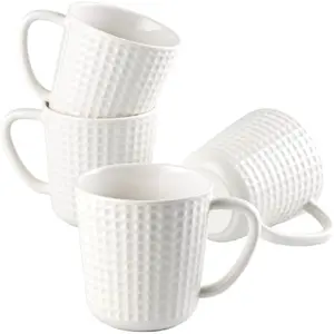 Ceramic Coffee Mugs 15 oz, Large Waffle Embossed Mug Set, Coffee Cups for Latte, Cappuccino, Cocoa, Tea, Mocha, Milk, Housewarming Wedding Present, Microwave & Dishwasher Safe - Set of 4, White