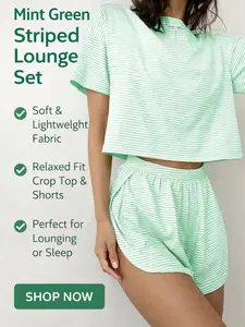 2-Piece Summer Striped Set, Mint Short Top & Elastic Shorts, Loose-Fit Chic Casual Wear, Breathable Knitted Fabric, Side Slits Design