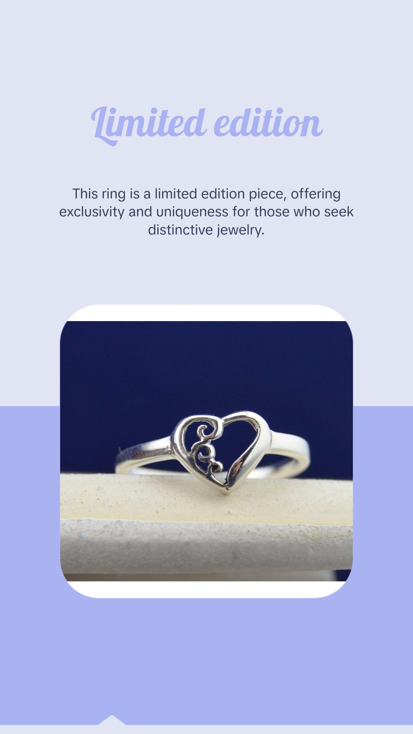 Elegant 925 Sterling Silver Heart Ring with Exquisite Scrollwork - Limited Edition