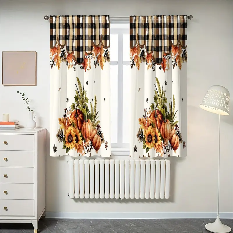 2 pieces of high-definition digital autumn rural pumpkin and sunflower printed curtains. They offer semi-transparent protection for privacy and are resistant to fading. Suitable for bedroom and living room home decoration.