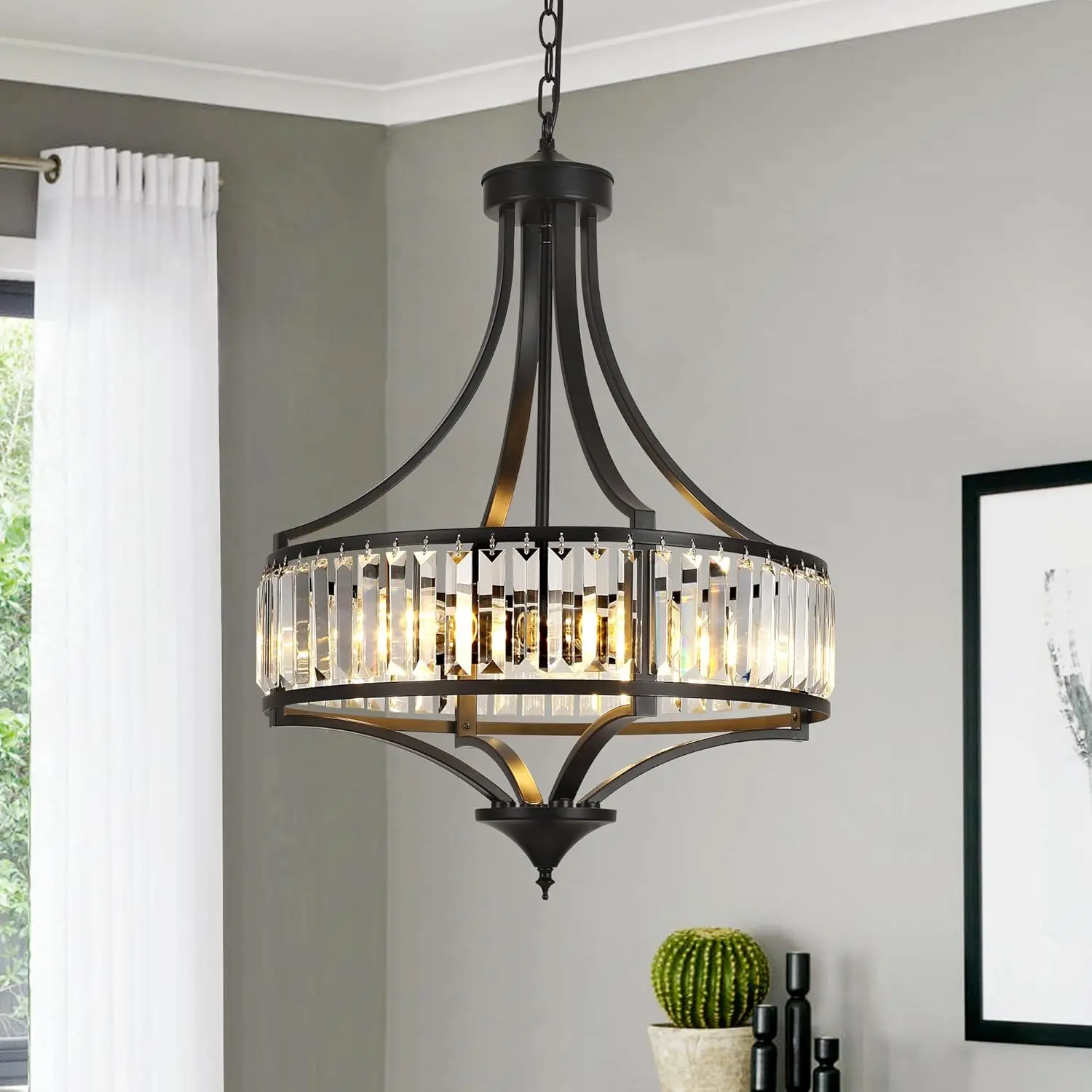 20" Modern Farmhouse Crystal Chandelier, 5-Light Black Iron Antique Pendant Light, Contemporary Hanging Fixture for Dining Room, Living Room, Foyer, Crystal Chandeliers, Black Iron Chandeliers