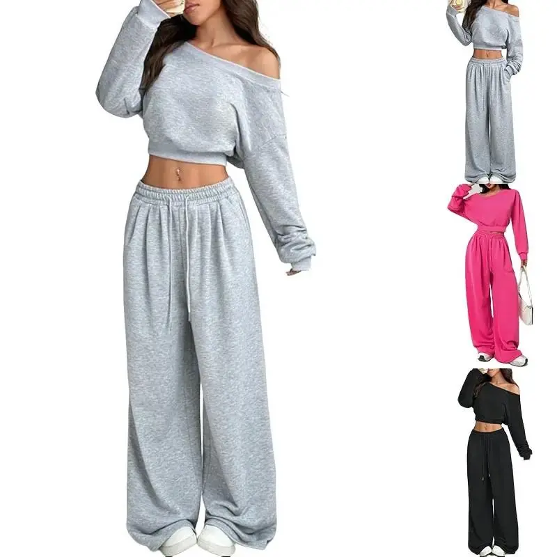 Two Piece Sets for Women Fall Sweatsuits Long Sleeve Off Shoulder Top Wide Leg Sweatpants Lounge Sets Tracksuit