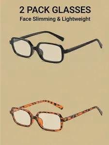 2-Pack Vintage Small Square Frame Glasses, Korean INS Style Plain Face Essential, Face Slimming Eyewear for Students' Daily Commute & Casual Outfits