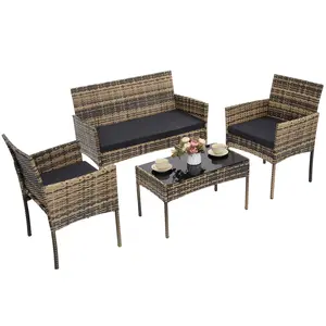 4 Piece Patio Furniture Set, Wicker Outdoor Furniture Set, Extra Long Matching Rattan Couch with 2 Side Chairs and Glass Top Coffee Table, for Porch, Deck, Balcony, Natural