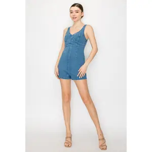 Denim Bustier Zip-Up Mini Romper
