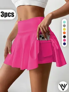 VN Women's 3 Piece Skirts 2 in 1 High Waist Sports Skirt Flowy Cheeky Short Skirts Gym Skirts Versatile Stretchy Flared Casual Mini Skirt Solid Pocket Design Skirt for Yoga Gym Workout Ladies Sportswear for Summer High Waisted Skirts Solid Color Skirt out