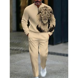 European and American men's two-piece khaki sports suit (lion print) comfortable slim fabric 100% polyester fiber semi open neck sports shirt, animal print | skin friendly soft fabric, comfortable and skin friendly, casual and fashionable style