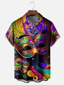 Men's Mardi Gras Carnival Mask Print Short-Sleeve Hawaiian Shirt - Collar Button-Up Summer Shirt with Pockets, Retro Full-Print Buttondown for Themed Parties & Beachwear (Machine Washable) - e Available,