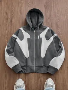 Men's Patchwork Hoodie Jacket, Casual Loose-Fit High Street Style, Zipper Design, Fall & Winter Fashion Sweatshirts, Trendy Streetwear Outerwear, Knit