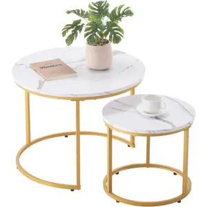 VEVOR Nesting Tables, Coffee Table Set of 2, 23.6 inch Round Coffee Table, Small Coffee Tables Night Stand with Metal Frame, for Living Room, Bedroom, Office (White & Gold)