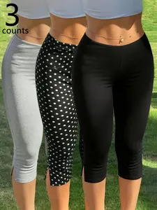Women's 3-Pack Side-Slit Capri Pants, Slim Fit Versatile Knee-Length Trousers, Polka Dot & Solid Casual Styles For Yoga, Yoga Bottoms, Sports & Daily Wear, Gym Clothes