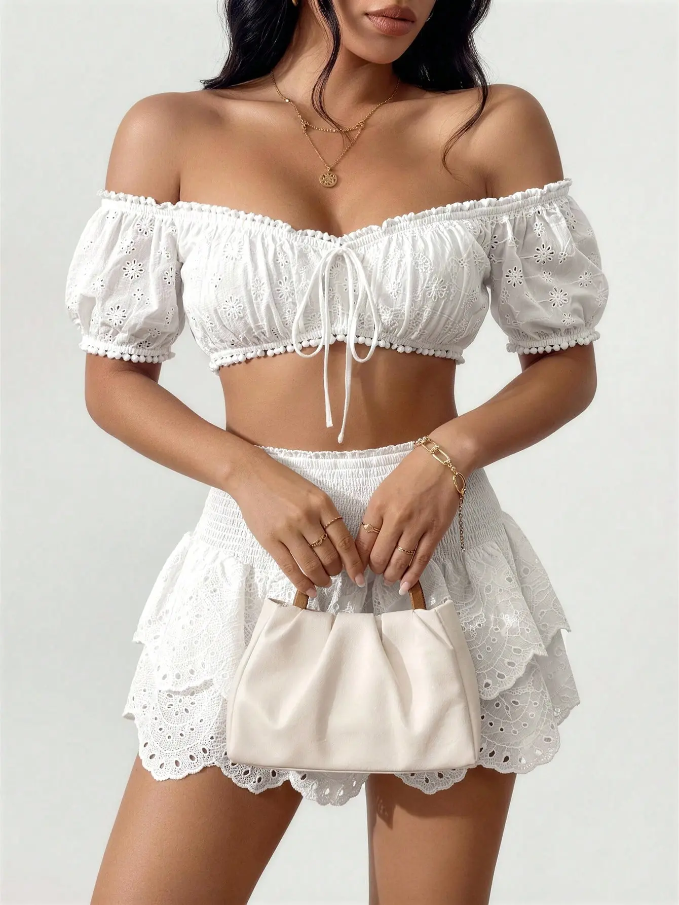 SM&Co. Women's Floral Embroidery Front Tie Off Shoulder Cropped Top Beach Vacation Summer White Trendy sohochic