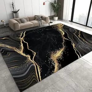 Luxury Black and Gold Marble Patterned Rug Gilded Modern Art Abstract Curved Living Room Rug Non Slip Soft Easy to Clean Suitable for Country Style Bedrooms
