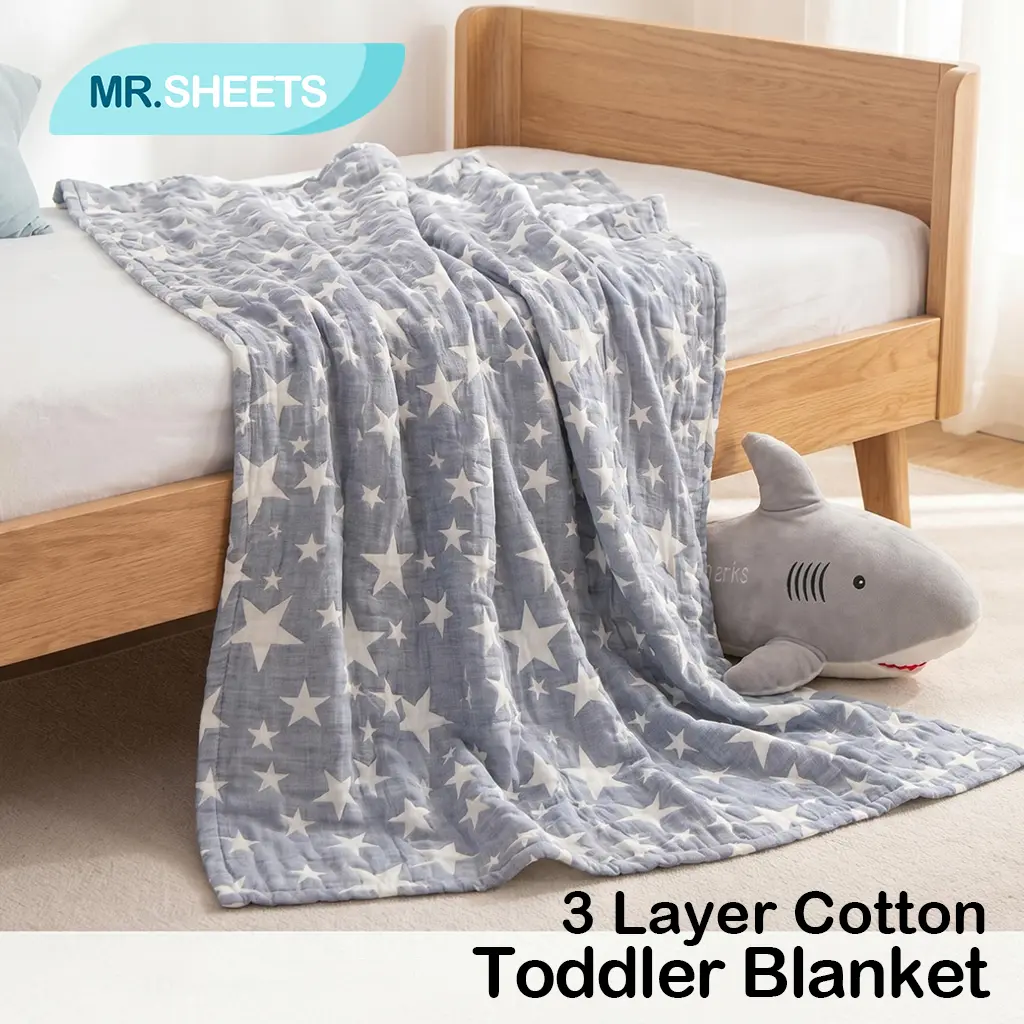 NTBAY 3-Layer Muslin Cotton Toddler Blanket, Fluffy Soft, Skin-Friendly, Breathable Lightweight Thermal Cover, Reversible Star Print, Unisex Multi-Use Bedding for Crib, Stroller