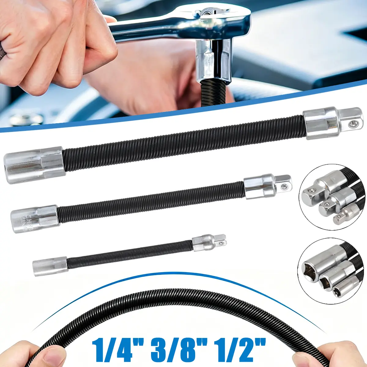 3PCS Flexible Bendable Impact Socket Wrench Extension Set for Auto Repair, 1/4", 3/8", 1/2" Drive Extender