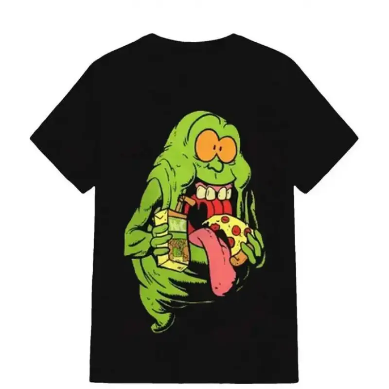 Unisex Slimer Ghostbusters Cotton Short-Sleeve Round Neck Top T-Shirt - American Retro Black, Cartoon Ghost Graphic with Pizza & Juice, Casual Streetwear for Movie Enthusiasts, Quirky Pop Culture Fashion Piece