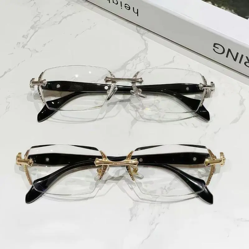 Luxury Frameless Transparent Reading Glasses with Diamond Cut Edges & Stylish Metal Temple Decorations for Reading Computer Games & High-Definition Street Style Visuals - Clear, Daily(Transparent lenses without graduation numbers)