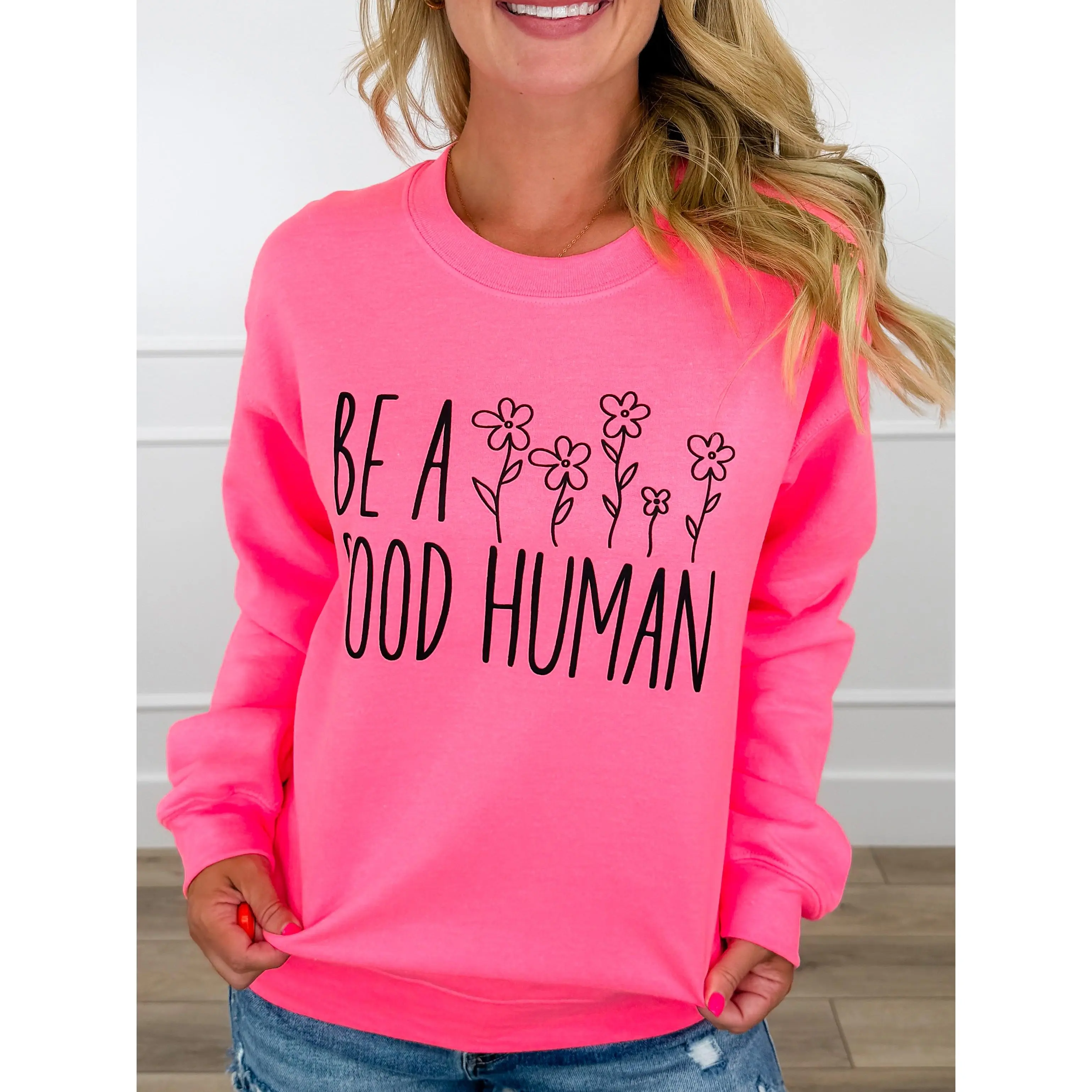Be a Good Human Cotton Blend Long Sleeve Pink Avery Mae Graphic Crewneck Sweatshirt (Gildan)