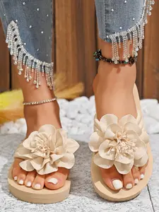 Women's Floral Slipper Sandals, Anti-Slip Beach Vacation Shoes, Casual Textile Upper Eva Sole, Less Than Ankle Height