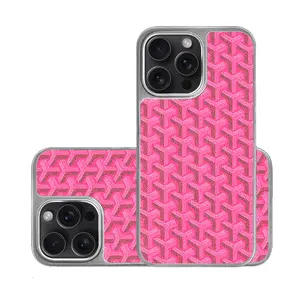 Luxury Chevron Pattern Leather Case for iPhone17,16,15,14,13,13,12,11 Pro Max - Chic Pink & OrangeMonogram Cover, Aesthetic Designer Style Protective Shell