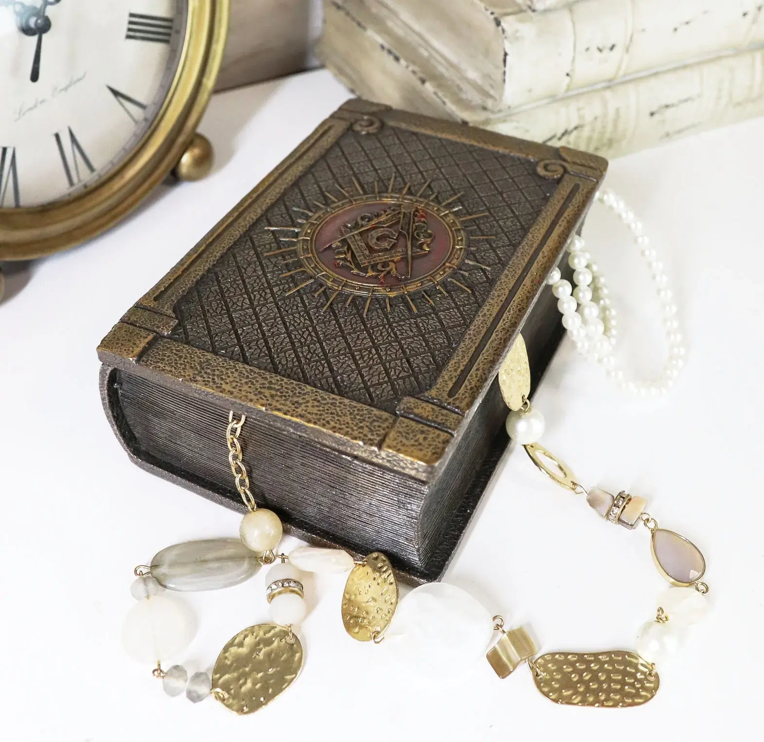 Ebros Masonic Square and Compasses Hinged Book Box Organiser - 5.75in L Home Decor Statue Figurine with Cover