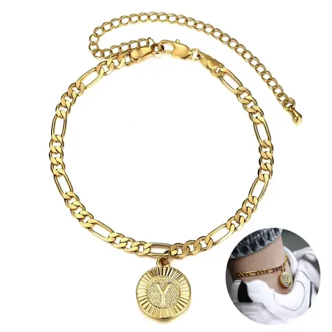 Initial Letter Pendant Anklet Stainless Steel Figaro Chain Leg Bracelets Women Fashion Jewelry Gift