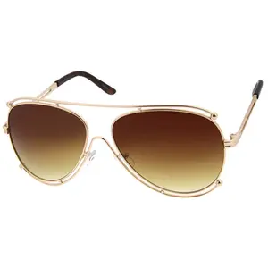 Fashion Culture Modern Dual-Wire Frame Aviator Sunglasses - Full Metal, Border Cutout Design, Gradient Lenses, Gold and Brown Color Options