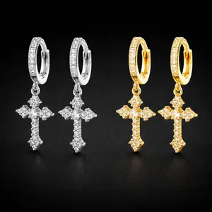 2Pcs Men's Punk Cross Earrings for Women Men Classic Shiny Rhinestone Ear Buckle Earring Fashion Hiphop Party Jewelry