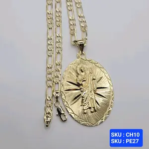 Saint Jude Pendant with Figaro Chain Diamont cut 24 Inches 5mm Laminated Gold Jewelry. SKU CH10 PE27