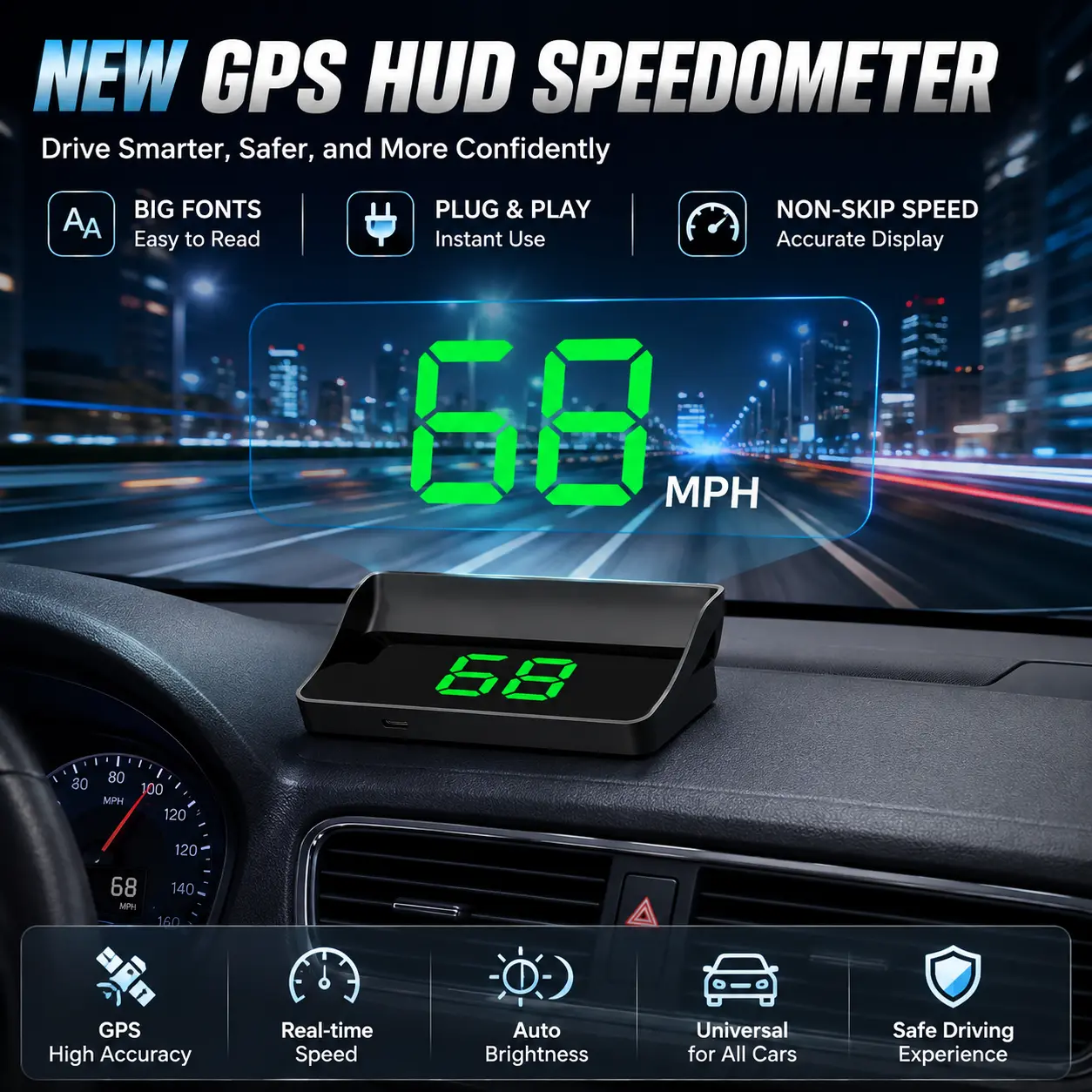 GPS HUD Speedometer for Cars, Auto-Brightness Heads Up Display with Large MPH Digital Speed, USB Plug & Play, Dashboard Mount, Universal for Trucks SUVs, Car Accessories for Daily Commute