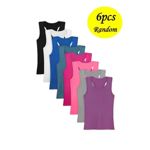 Random 6pcs Set Of Girls' Dance Vest, I-shaped Vest, Sleeveless Top Suitable For Sports, Dance Clothes Girls' Clothes, Clothes, 4-12Years Old, Spring Clothes, Summer Clothes, Valentine'S Day Gifts, Easter Gifts, Discounted
