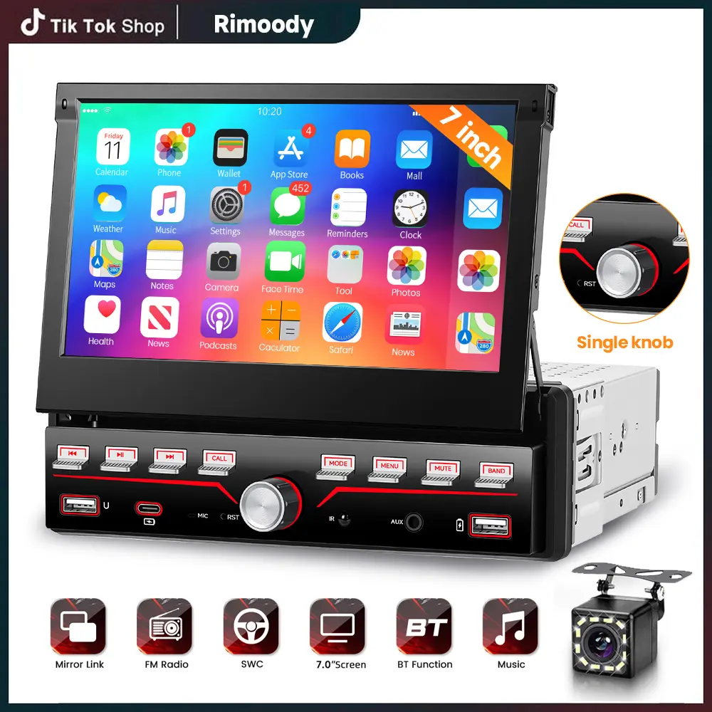 Single Din Car Stereo with Wired Mirror Link,7” IPS Foldable Touchscreen Radio with Bluetooth,FM/RDS,USB&Type-C,GPS,Backup Camera,SWC,EQ,MIC