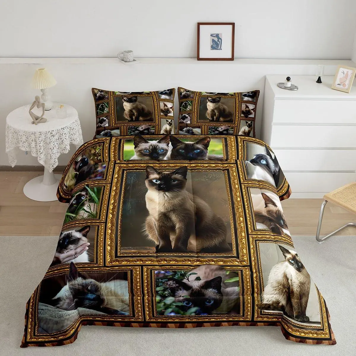 Siamese Comforter Set Cute Cat Comforter Kawaii Kitten Bedding Set Gift Siamese Lover Duvet Set,Lightweight