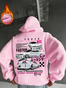 Men's Loose Hooded Sweatshirt, Tokyo Street Racing R23 Print, Anime Street Style, Sakura Japanese Details, Warm Fleece Fabric, Casual Wear