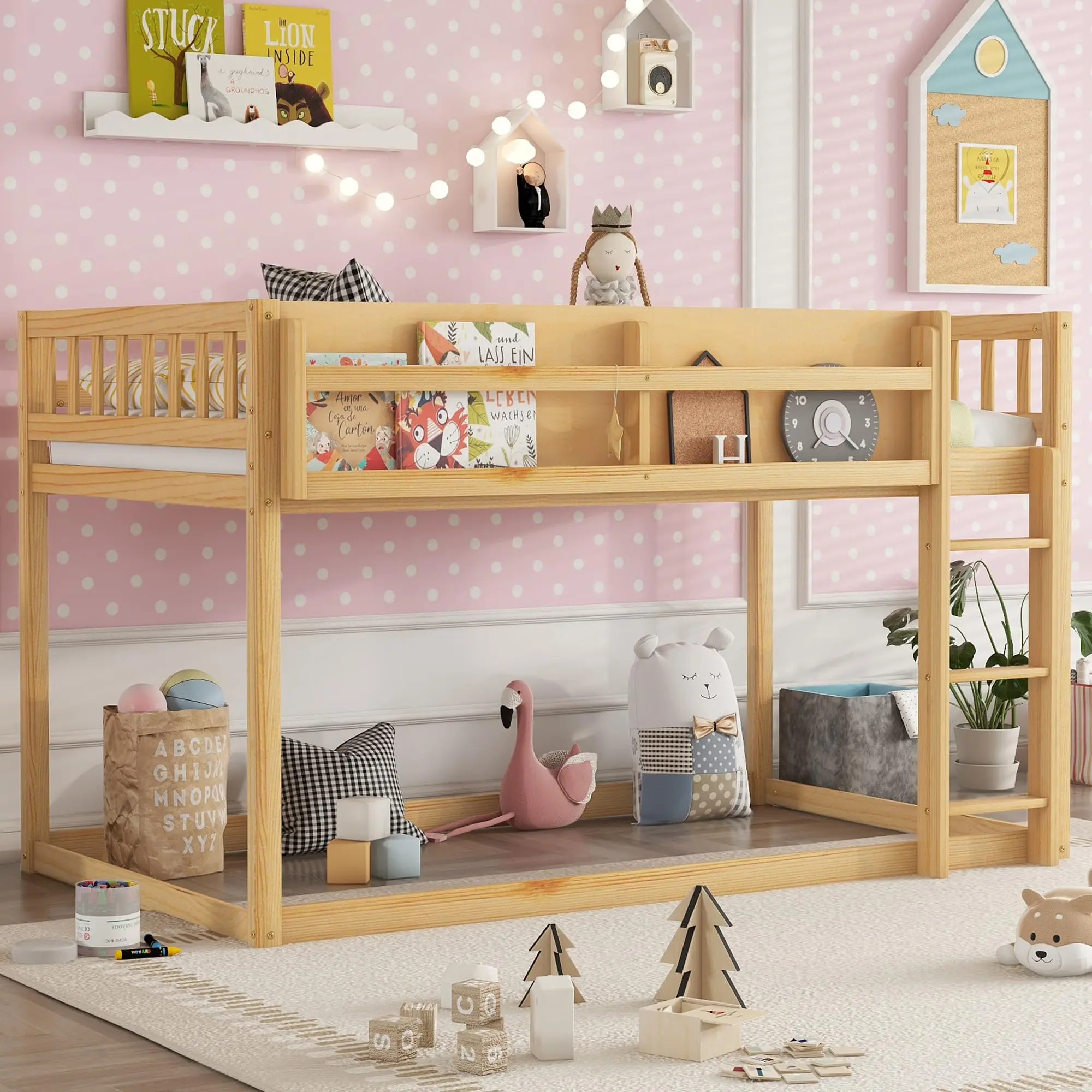 Twin Over Twin Toddler Bunk Bed Frame, Twin Low Bunk Beds for Kids, Convertible Floor Bunk Bed with Storage Shelf & Ladder, No Box Spring Needed