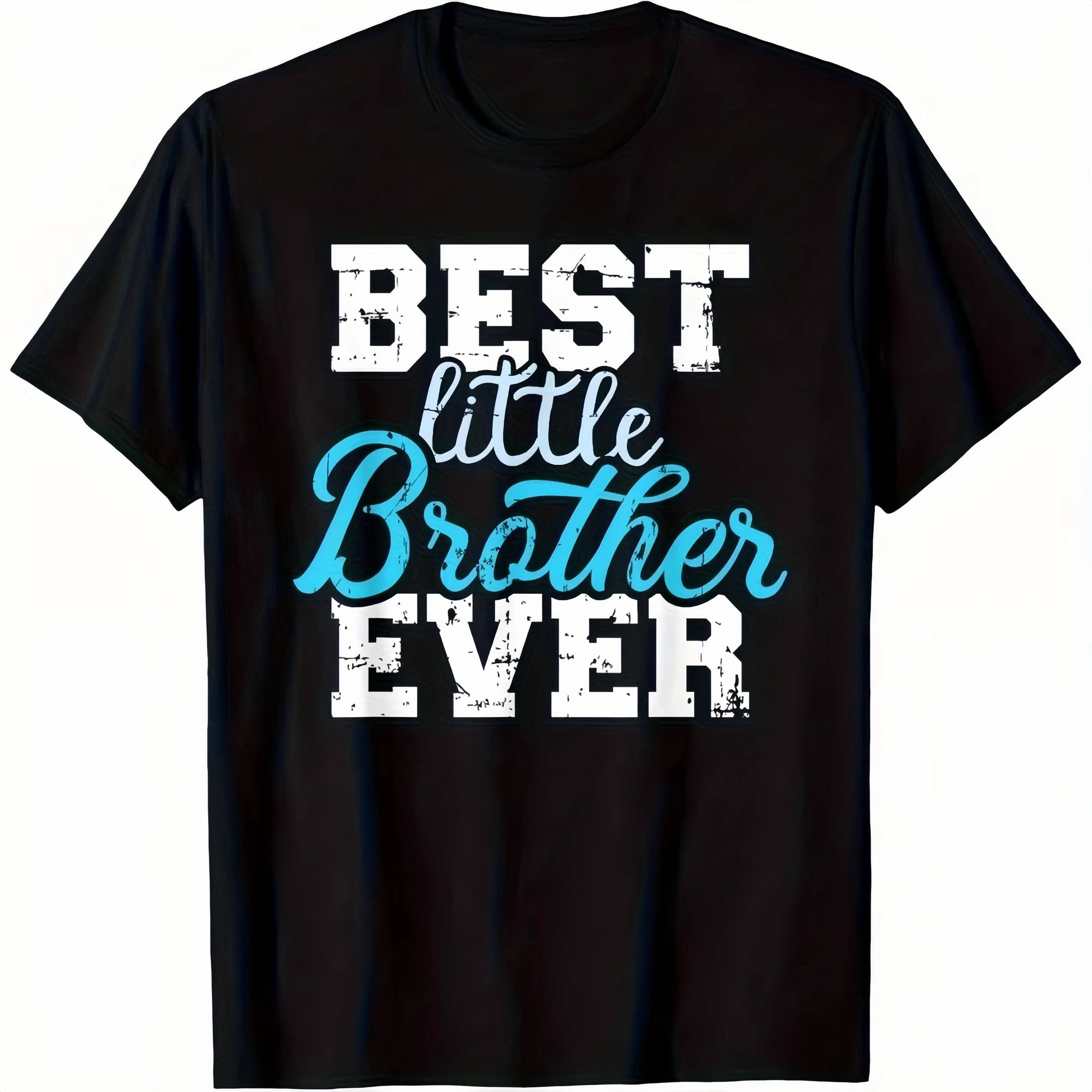 Men's 'Best Little Brother Ever' Printed Cotton Sports Top, Shortleeve Round Neck Lightweight Loose-Fitting Soft Breathable Graphic Tee, Casual Sibling Gift for Boys, Party Wear, Shortsleeve, Clothes