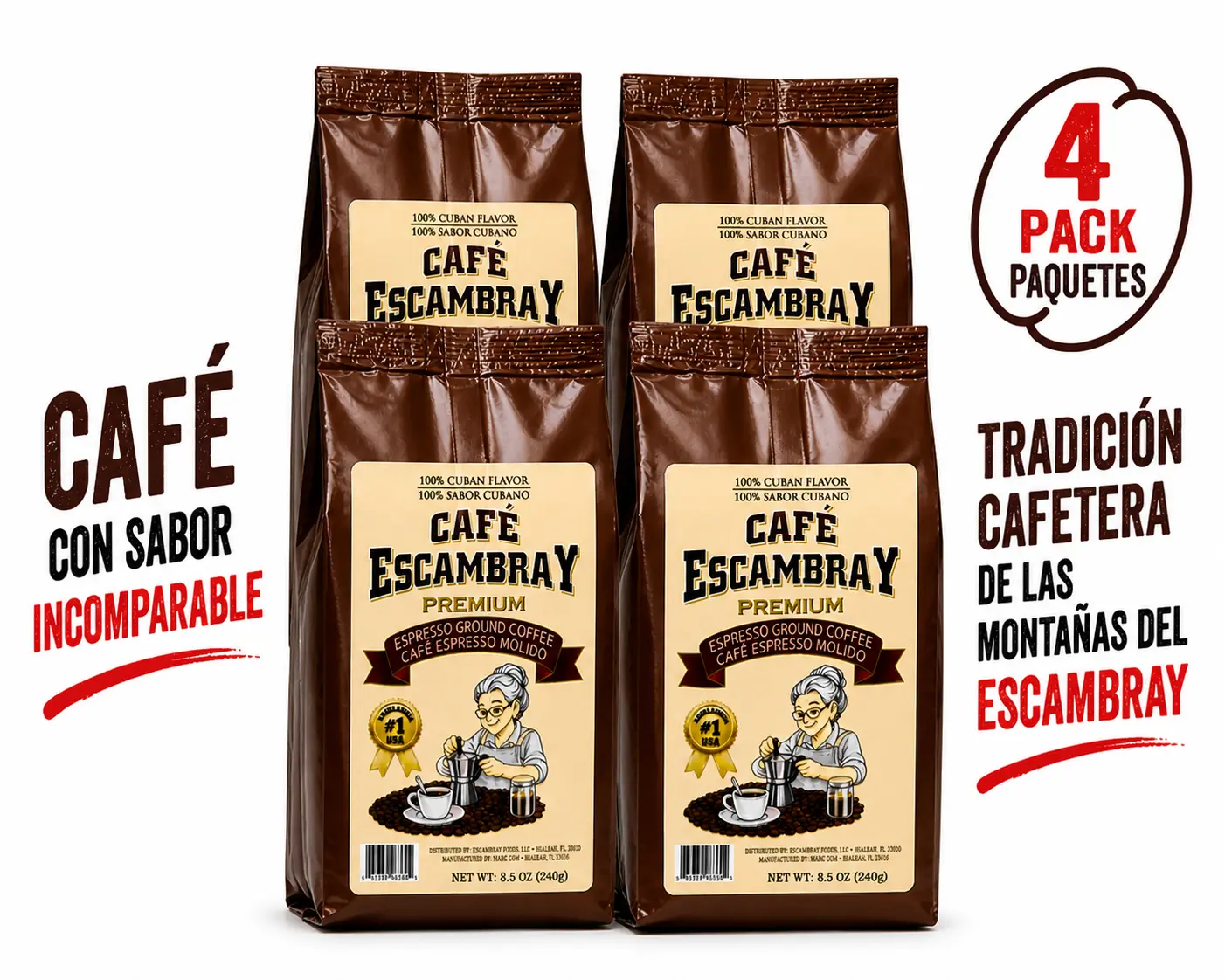 Cafe Escambray Premium Cuban Espresso Ground Coffee - Pack of 4 (8.5 oz each) Strong Cuban Style