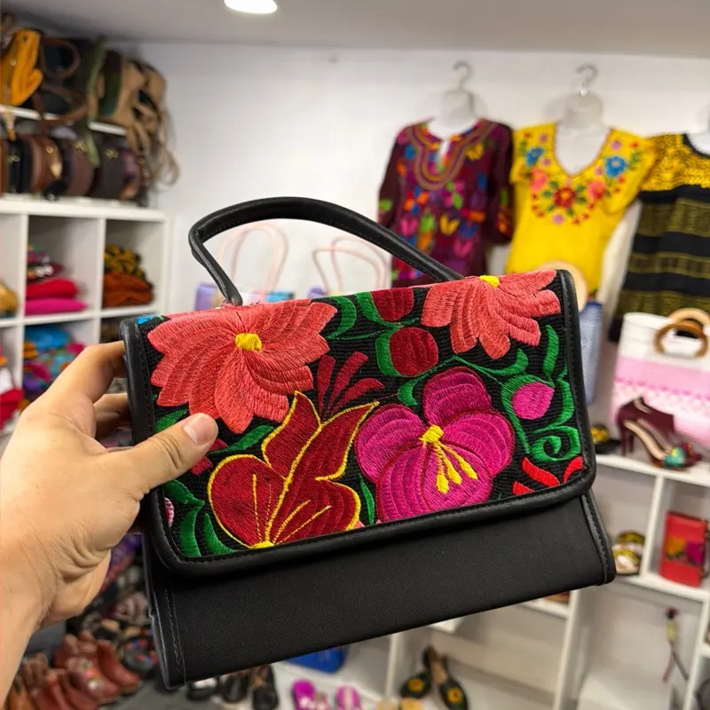 Bolsa vinipiel sobre bordada  - Mexican Embroidered Bag - Bolsa Bordada Chiapas 100% Handbag with Vibrant Floral Embroidery