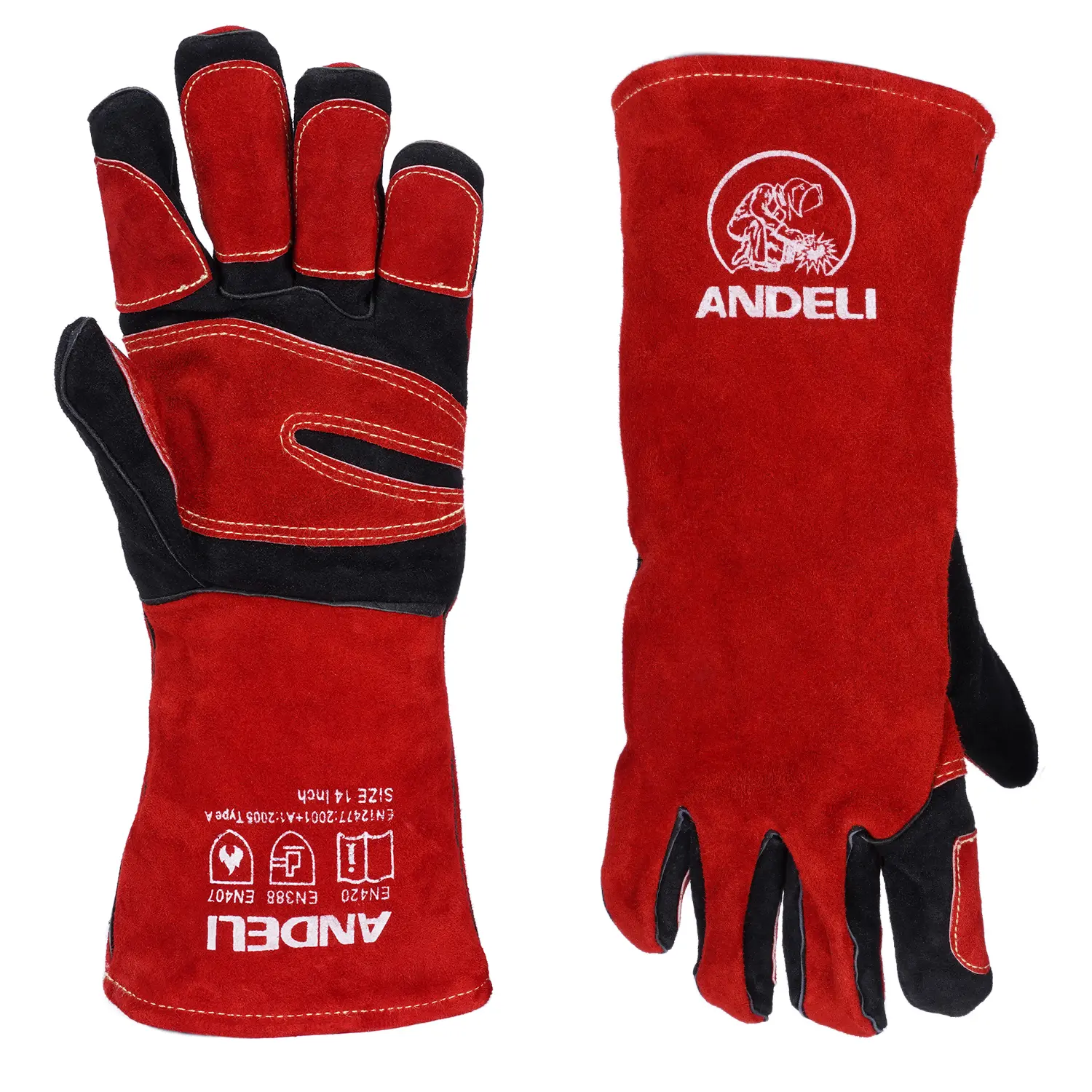 ANDELI 14 inch welder gloves, 572 ° F TIG/Mig/welding gloves heat-resistant/fireproof, barbecue/oven, grill, Red-black Gloves ，XGGY welder gloves