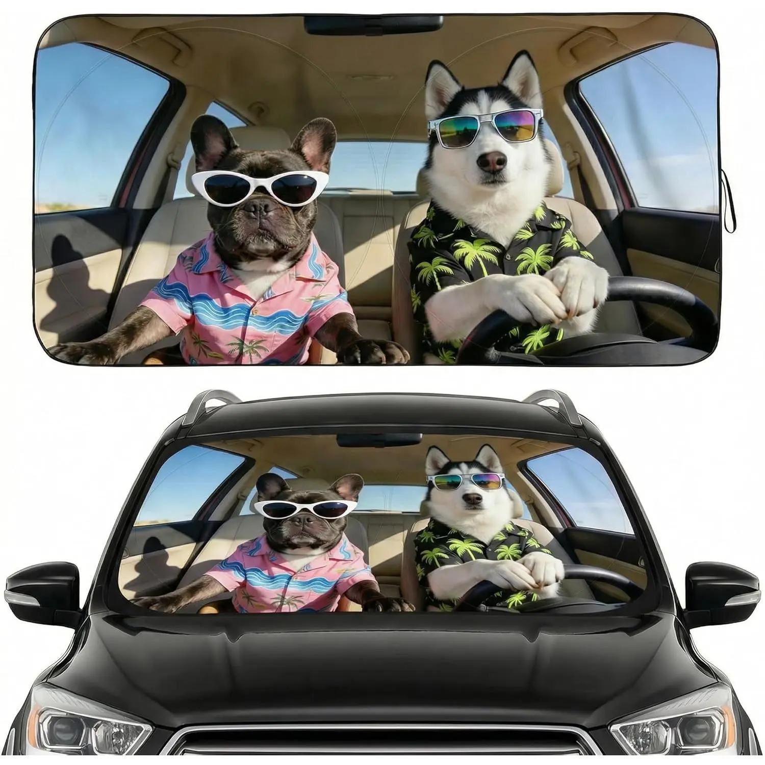 Windshield Sun Shade for Car, Cute Husky & French Bulldog Car Windshield Sunshade, Funny Dog UV Heat Shield, Foldable Automotive Sun Shade for Cars SUV Trucks