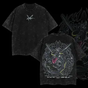 Men's Oversized Short-Sleeve Round Neck Heavyweight Cotton Casual Graphic T-Shirt - Acid Washed, Loose-Fitting, Medium Length, Rayquaza Anime Vintage Print Unisex Top for Anime Lovers, Shortsleeve