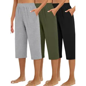 3 Pack Capri Pants for Women Loose Lounge Cropped Sweatpants Solid Color Soft Joggers Capri with Pockets