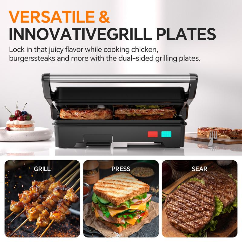 Panini Press Grill, 3-in-1 Electric Grill, 180° Openable, Non-Stick Plates, Floating Hinge, With Grease Tray, Gourmet Sandwich Maker for Indoor, Outdoor, Camping Cooking, BBQ, Pizza Oven, Fast Preheat & Dual Heating Plates, Easy Cleanup