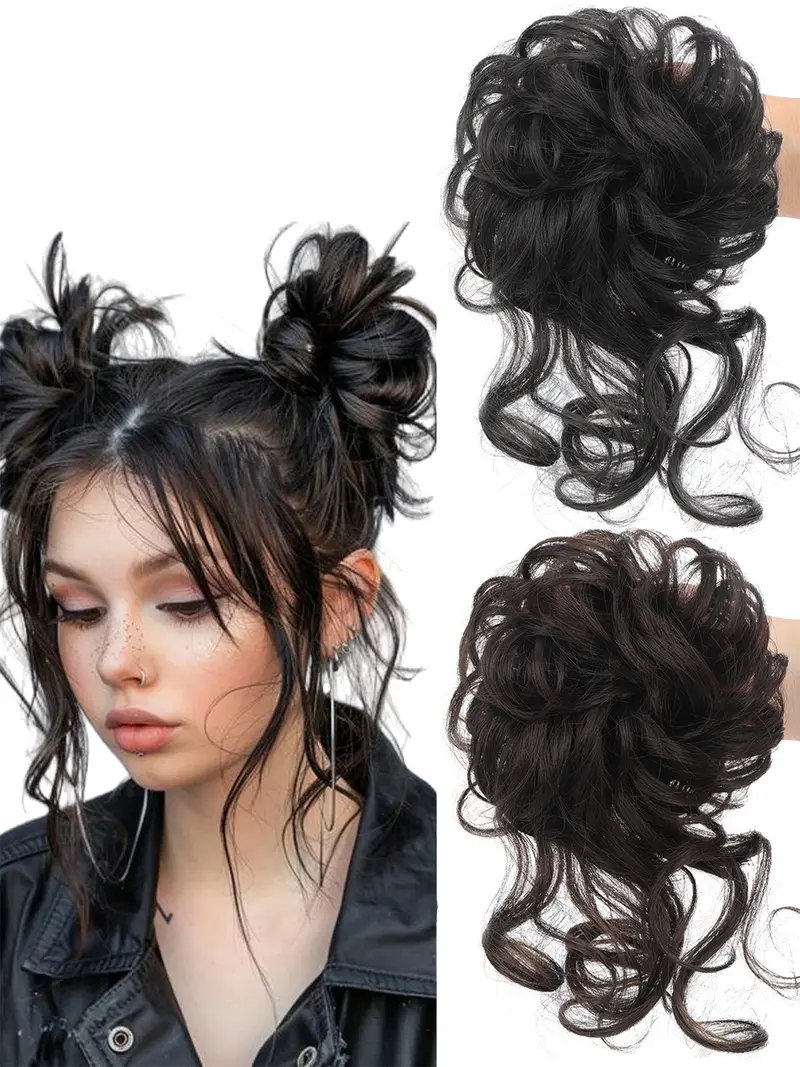 2 Piece Bun Set Messy Updo Bun Hair Loop Fake Hair with Braid Elastic Hair Accessory Tail Ladies Soft Synthetic Hair Synthetic Curly Ponytail Curly Wave Hair Coil Thick Updo Hair Loop Everyday Synthetic Bun Natural Hair Color