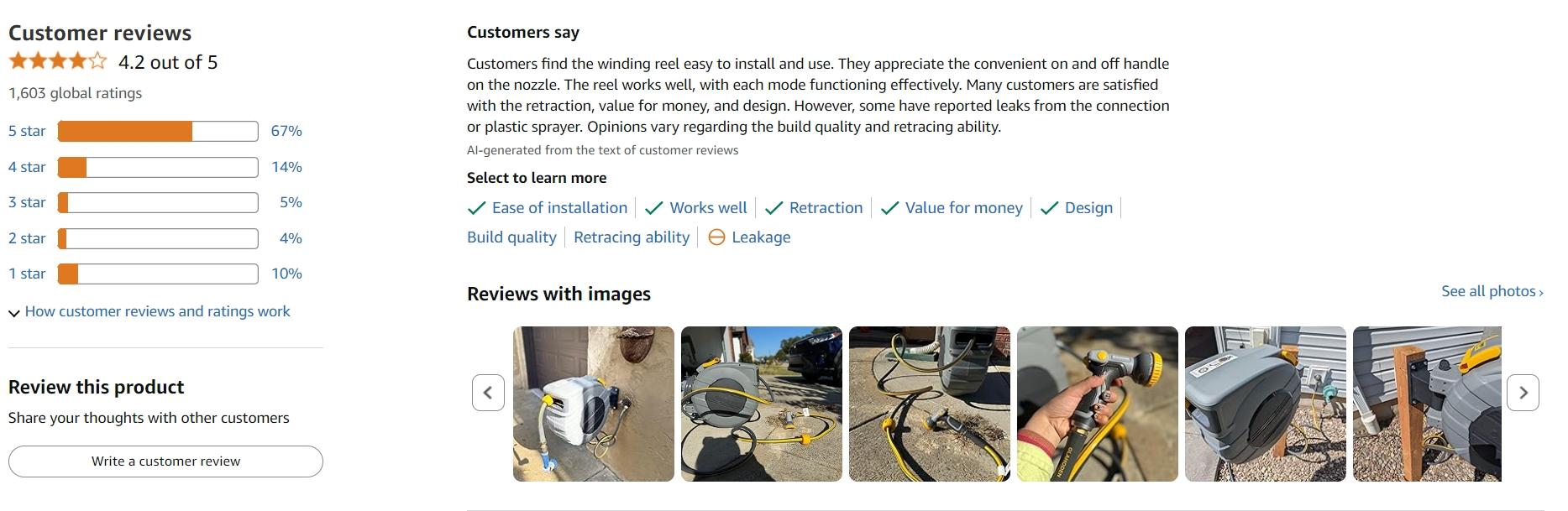 GLAHODEN Upgraded Retractable Garden Hose Reel, 1/2 Inch x 130 ft Wall Mounted Hose Reel, Heavy Duty Garden Hose Reel with 9 Patterns Nozzle, Any Length Lock, Upgraded Slow Return System and 180° Swivel Bracket Automatic Watering Devices