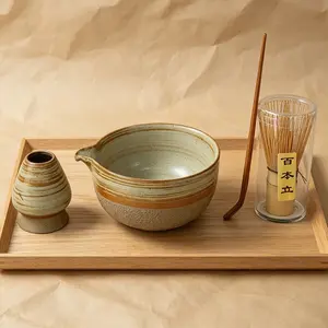 4-Piece Japanese Rustic Ceramic Matcha Bowl Set, Handmade Tea Whisk, Spoon, Brush, Vintage Style Matcha Cup Kit, Traditional Tea Accessories