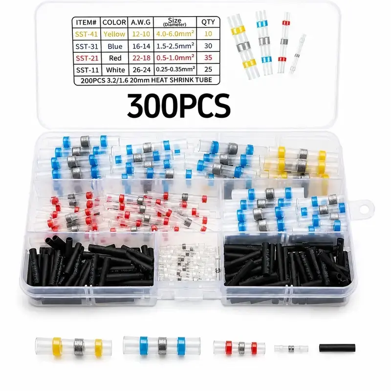 300PCS Waterproof Solder Seal Wire Connectors - Heat Shrink Butt Terminals for Automotive Marine