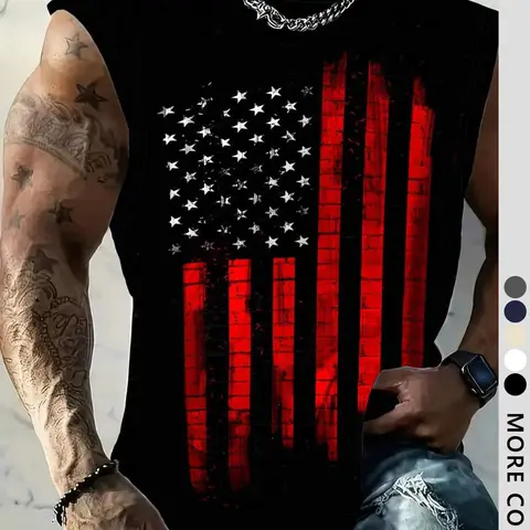 Men's Flag Pattern Long Vest, Sporty Streetwear, Outdoor Fashion, Simple Style, Trendy Youth Campus Wear, Cool and Stylish