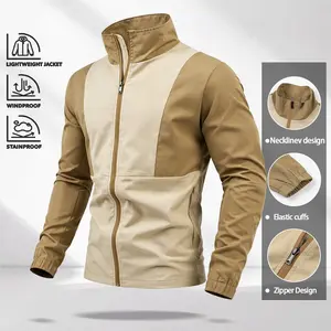 Khaki and off-white two-tone stand collar windproof jacket made from wear-resistant woven fabric, featuring a full zip closure in matching colors, elastic cuffs, and a slim fit—designed for spring and autumn commuting, light business outings, and everyday